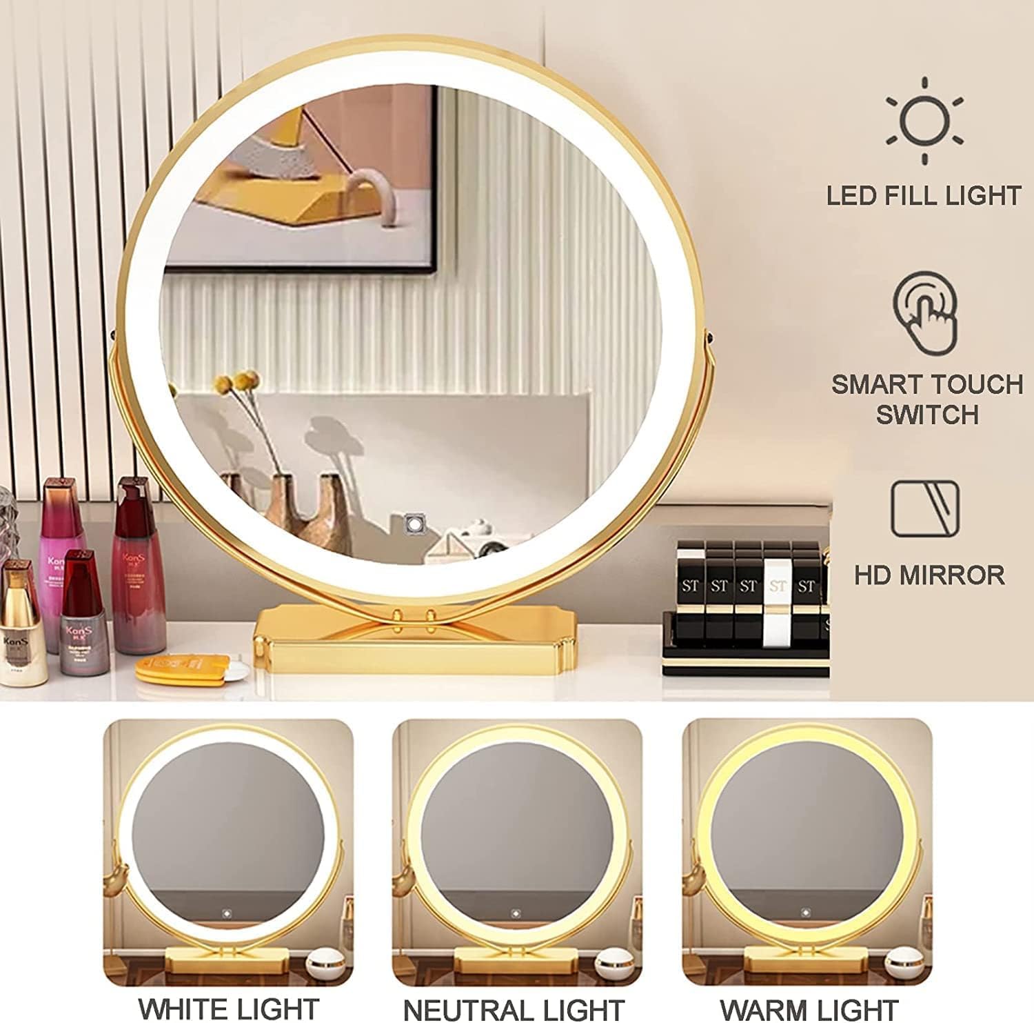 Vanity Desk with Lighted Mirror Fashion Dressing Table Set with Adjustable Cabinet Vanity Table Slate Tabletop Makeup Table ()