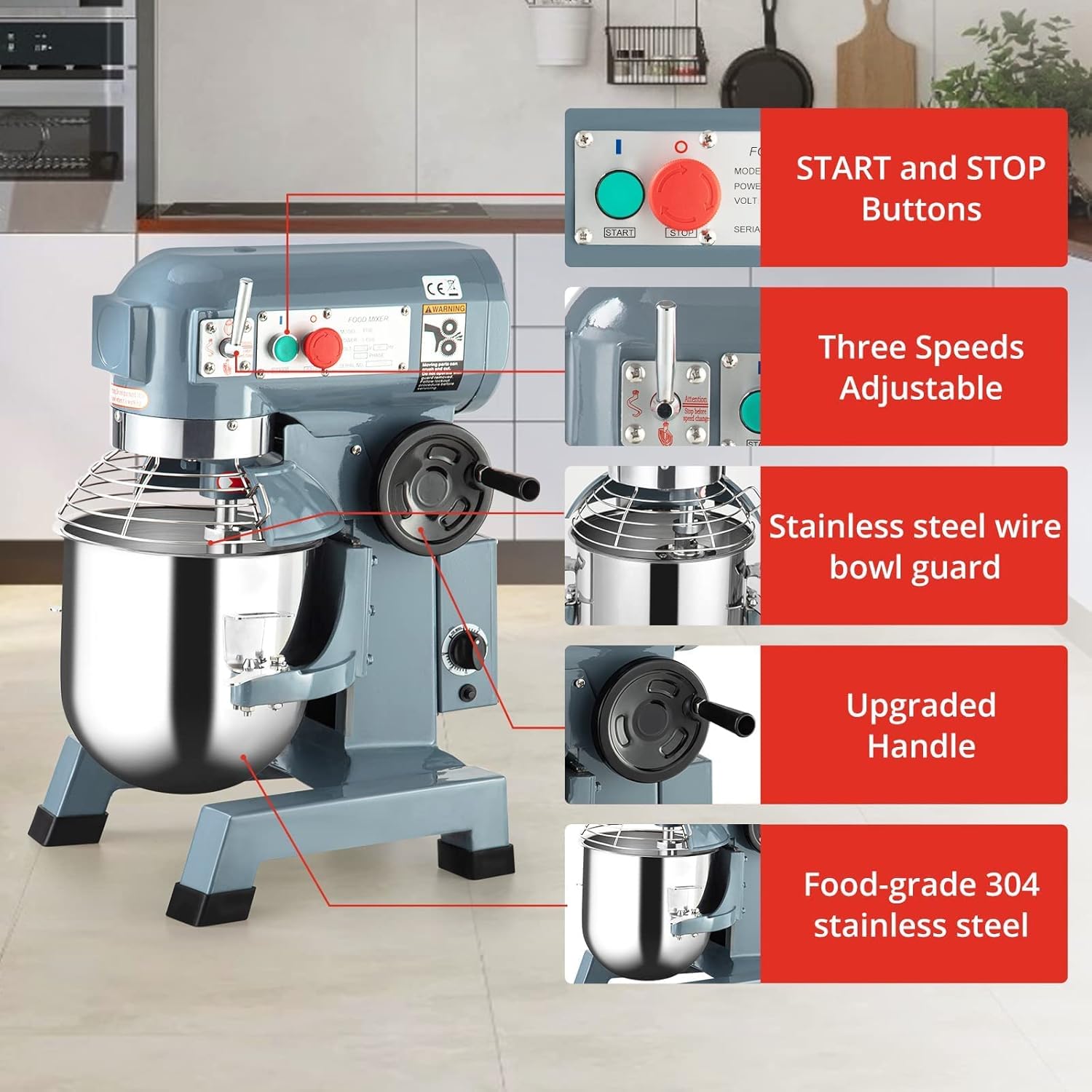 Commercial Food Mixer 15QT 600W 110V 3 Speeds Adjustable, Stand Mixer Dough Kneading Machine with Stainless Steel Bowl Dough Hooks Whisk Beater, With Safety Guard for Bakeries Restaurants Pizzerias
