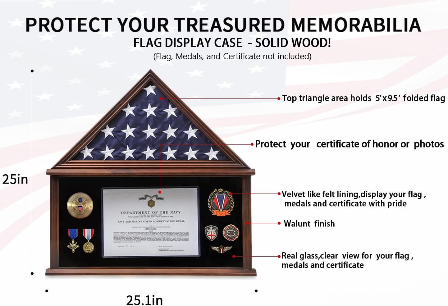 Zmiky Large Burial Flag Display Case American Flag Solid Wood Display Case Fits a 5 X 9.5 Flag Folded Military Shadow Box Flag Display Case with Certificate Holder Walnut Finish