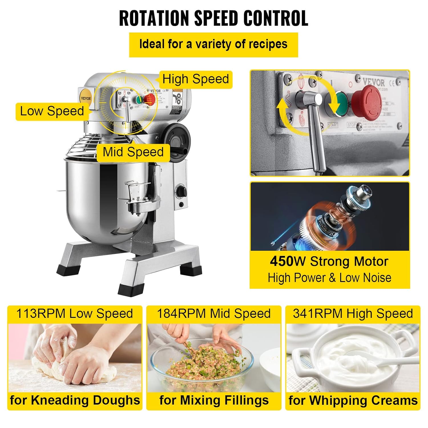VEVOR Commercial Mixer, Commercial Food Mixer 10Qt Stainless Steel Bowl, 450W Commercial Stand Mixer with 3 Speeds Adjustable, Dough Hook Whisk Beater Included, Perfect for Bakery Pizzeria, Silver