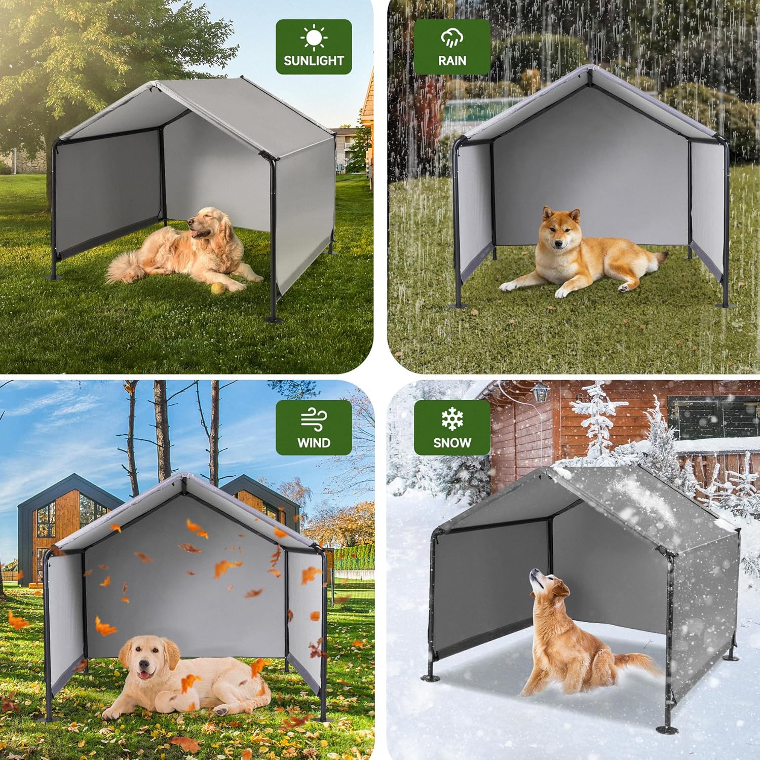 Dog Shade Shelter Outdoor Tent for Large Medium Dogs, Outside Sun Rain Canopy Pet House for Homeless Cats Pigs Livestock with Waterproof Roof Rainproof Cover & Artificial Grapevine Leaves