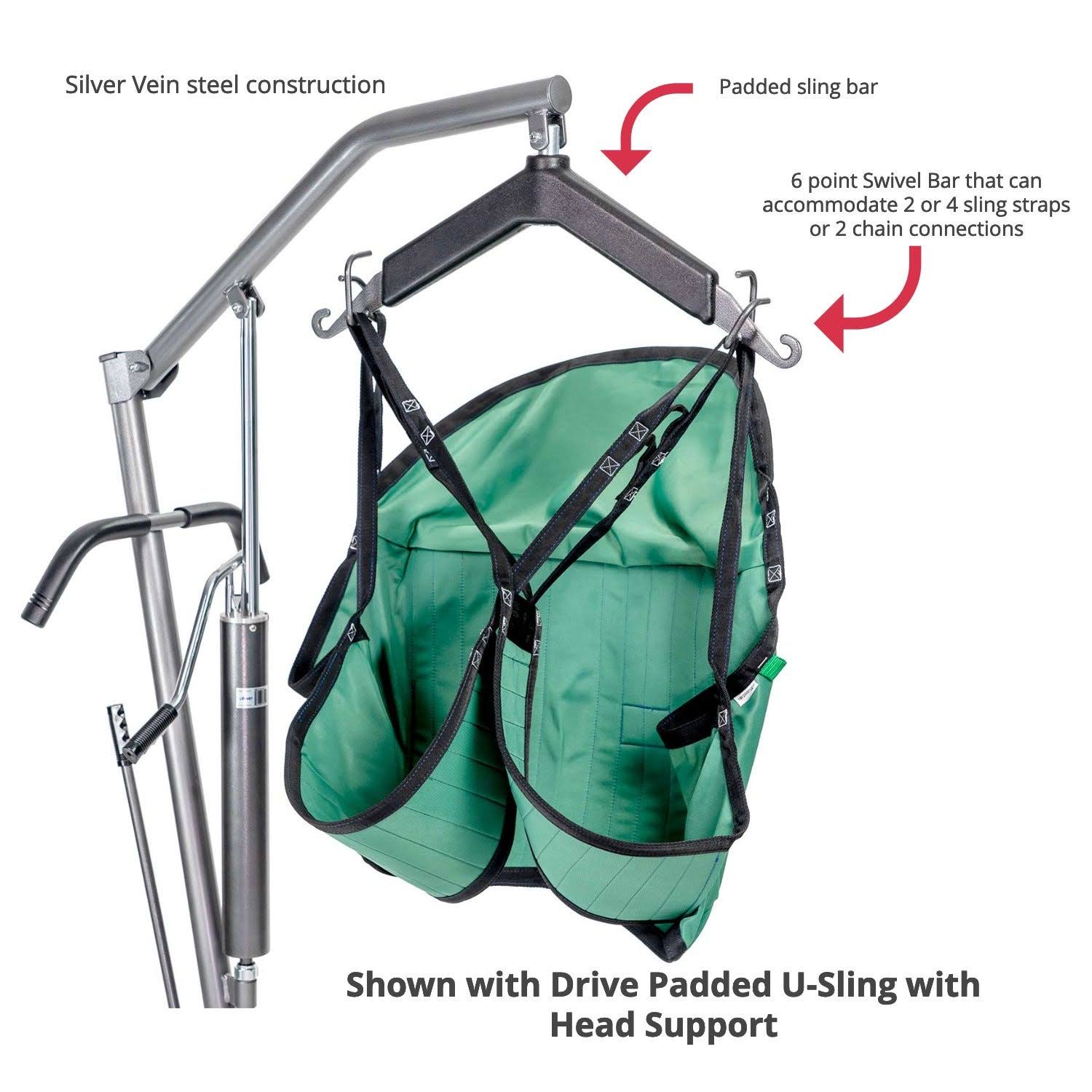 Hydraulic Patient Lift with Six Point Cradle, 5x22 Casters, Silver Vein