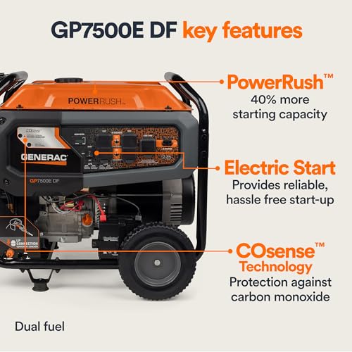 Generac 8,000-Watt Gas-Powered Portable Generator - Electric Start with COsense - PowerRush Advanced Technology - Reliable Power for Emergencies, Recreation, Home - 49 State Compliant - Orange/Black