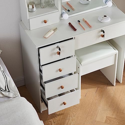 Vanity Desk Set with10 LED Lights, Makeup Vanity Table with Lighted Mirror and Charging Station, Dressing Table Desk with 5 Drawers, White Modern Vanity Set Dresser for Bedroom