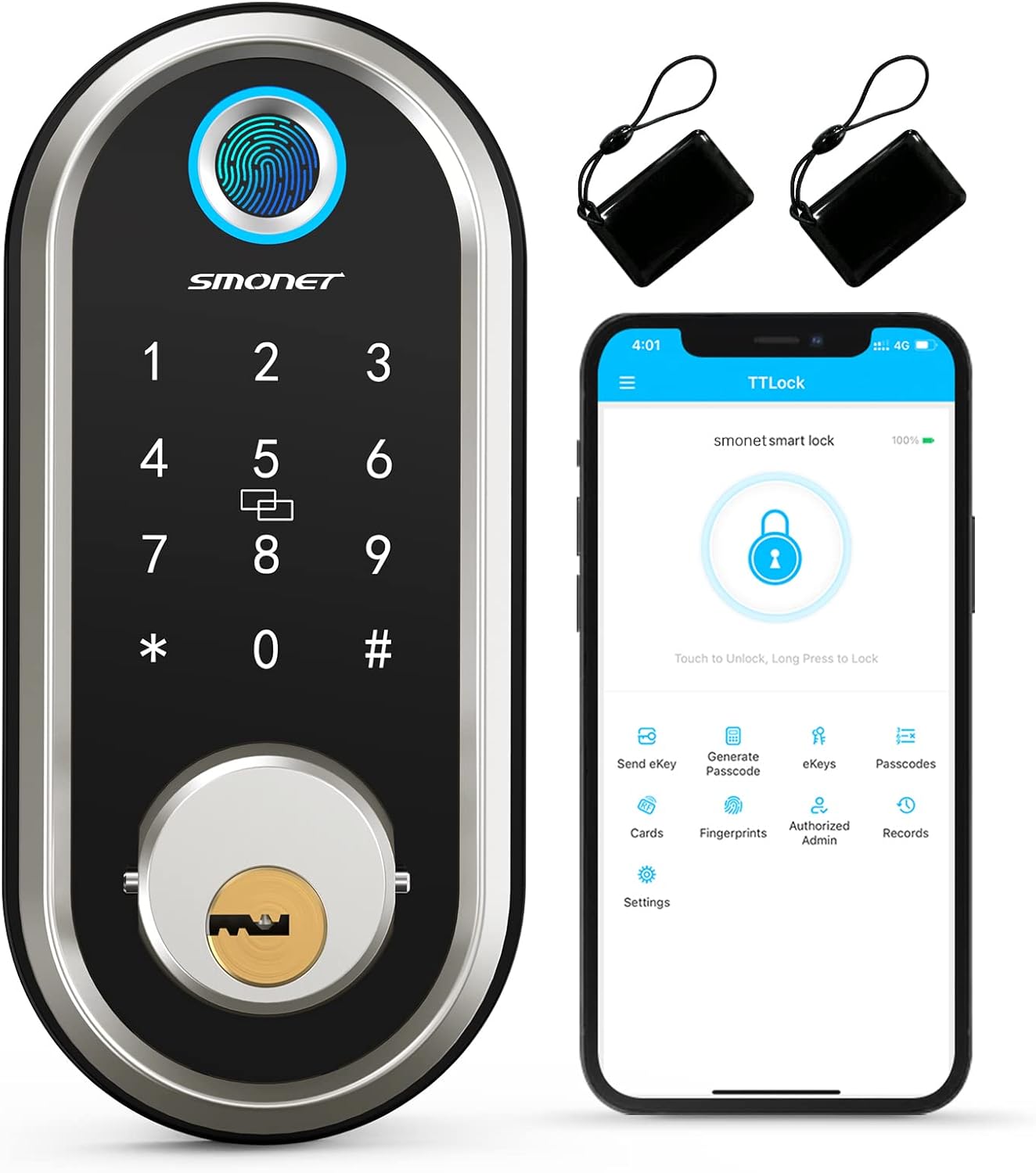 Smart Lock, SMONET Keyless Entry Door Lock Fingerprint Door Lock with Keypads, Smart Lock Deadbolt with IC Card, Touchscreen Keypad, Auto Lock, Remote Share, APP Control for Home, Apartment(2 Keys)