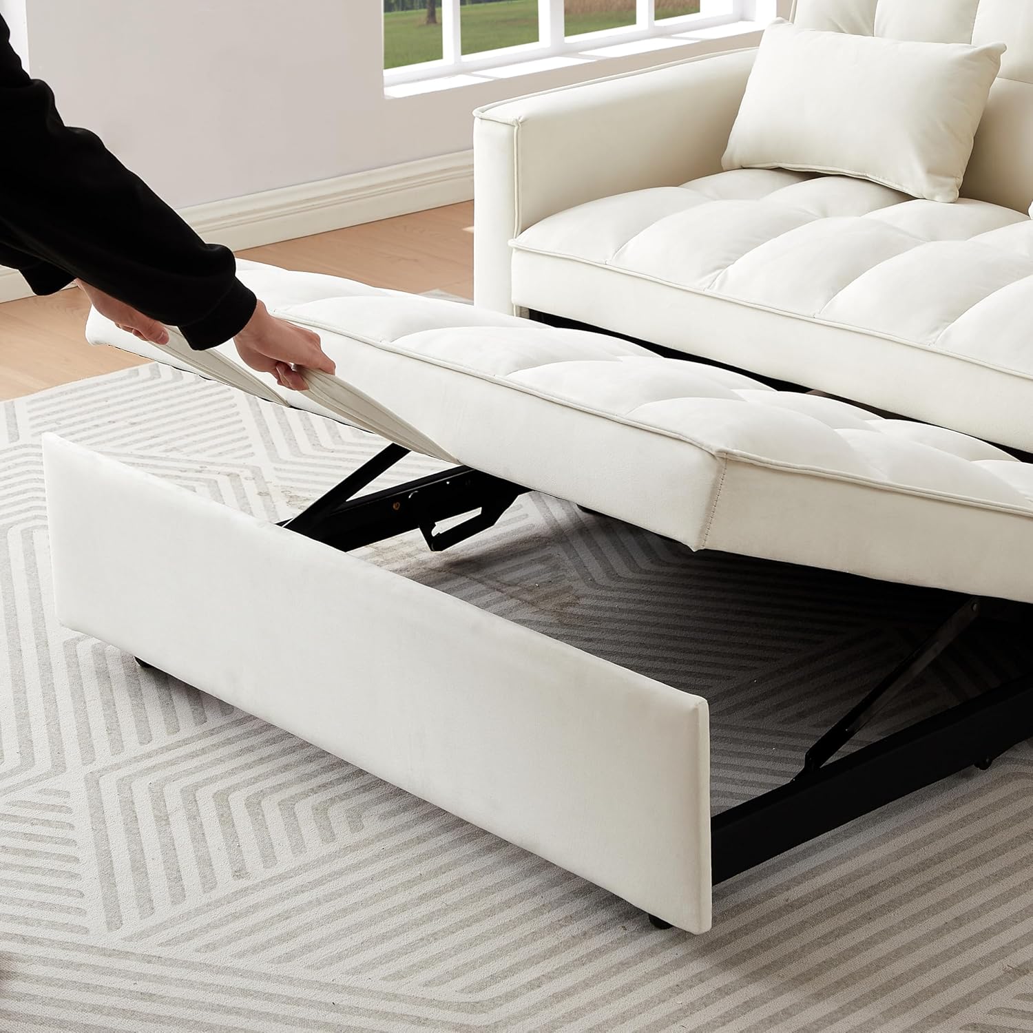 55" Convertible Loveseat Sleeper Sofa Couch Modern Velvet 2 Seater Sofa with Adjustable Backrest & Side Pocket, w/Lumbar Pillows and with Pull-Out Bed for Small Space Living Room Apartment(Ivory)