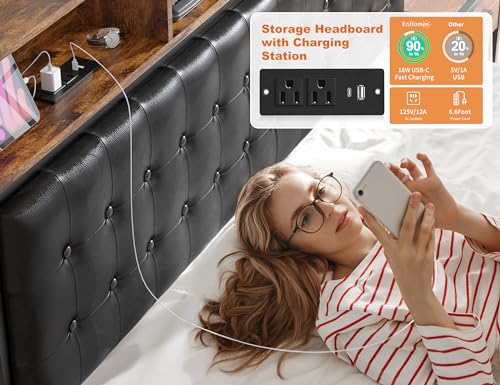 EnHomee Queen Bed Frame with 4 Drawers Bed Frame Queen Size with Headboard Loads 1100LBS Upholstered Queen Size Bed Frame with Charging Station, Queen Bed Frame with Storage, No-Noise