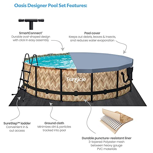 Funsicle 14' x 42" Oasis Designer Round Frame Above Ground Outdoor Swimming Pool Set with SkimmerPlus Filter Pump, Ladder, and Pool Cover, Gray