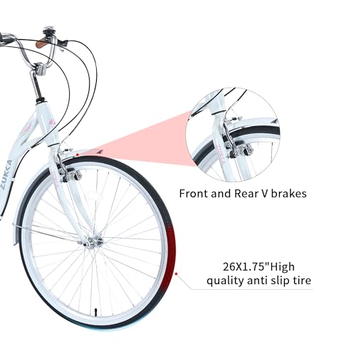26 Inch Beach Cruiser Bike for Women, Womens Bicycles Hybrid Cruiser Bike with 7 Speed, Adjustable Seat, Lightweight Women Beach Cruiser Bike with Anti-Skid Tires, Front and RearV-Brakes