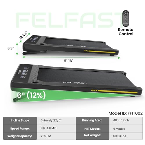 Walking Pad Treadmill with 12% 6° Auto Incline, Under Desk Treadmill for Home Office w/Remote Control, 6 HIIT Mode, 265Lbs Weight Capacity, 4 MPH Max, Desk Treadmill in LED Display