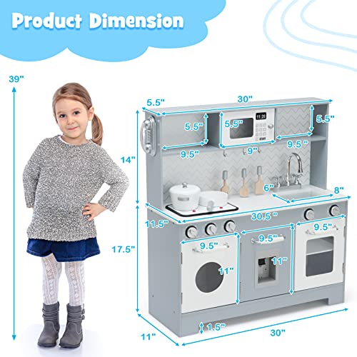 HONEY JOY Kids Kitchen Playset, Wooden Little Chef Pretend Play Toy Kitchen Set, Range Hood & Microwave with Lights, Water Dispenser, Fabric Drawer, Play Kitchen for Toddler Boys Girls, Coffee