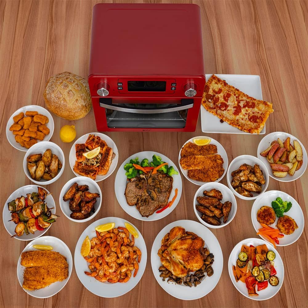 Deco Chef TQAIRRED 24QT Stainless Steel Countertop Toaster Air Fryer Oven Red (Renewed)