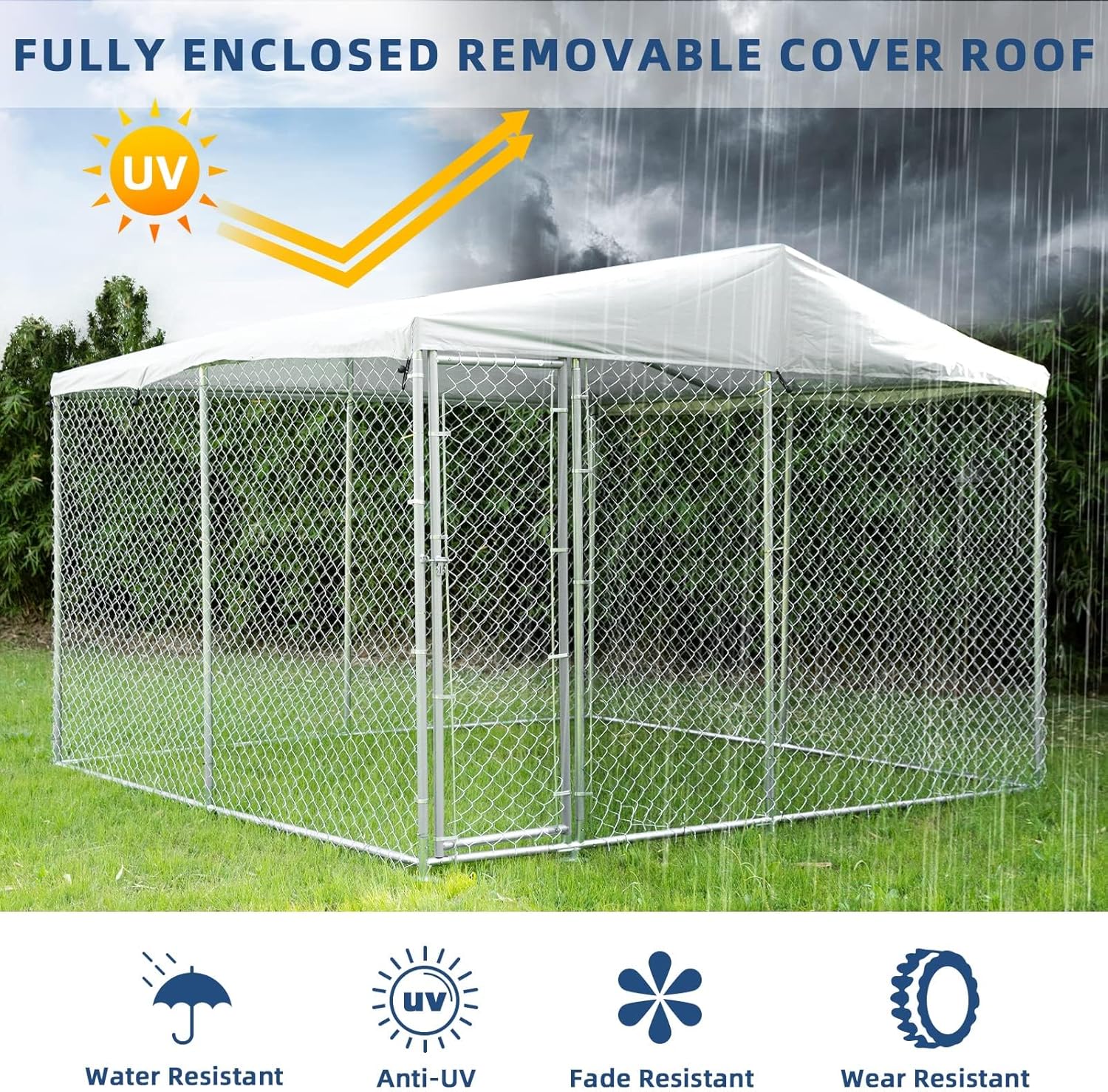 10x10 ft Extra Large Outdoor Dog Kennel, Anti-Rust Dog Cage with Roof, Galvanized Chain Link Dog Runs with Waterproof UV-Resistant Cover Heavy Duty Dog Enclosures Upgraded Secure Lock