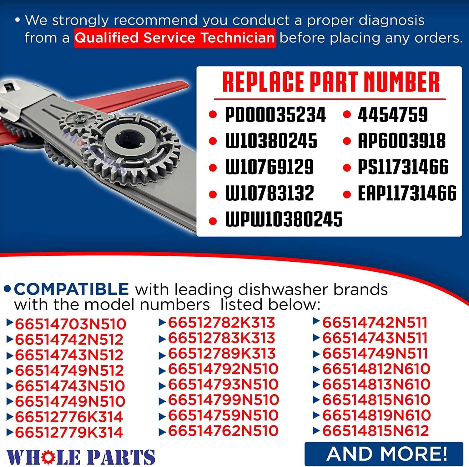 Whole Parts Dishwasher Lower Spray Arm Assembly Part # W10859935 - Replacement & Compatible With Some Kenmore and Whirlpool Dishwashers