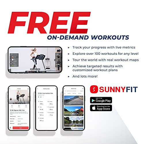 Sunny Health & Fitness Strider Foldable Treadmill, 20-Inch Wide Running Belt with Optional Exclusive SunnyFit™ App and Enhanced Bluetooth Connectivity
