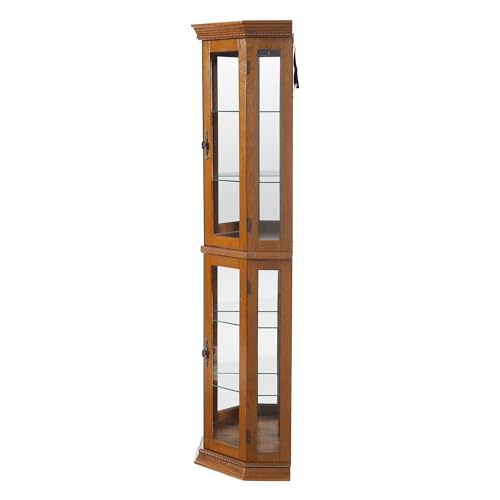 Suteck Corner Curio Cabinet with Lights, Adjustable Tempered Glass Shelves, Mirrored Back, Display Cabinet,Cherry (E26 light bulb not included)