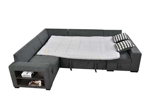 roomfitters 125'' Modern U Shaped 7 Seat Sectional Sofa Couch with Cabinet, Sofa Bed with Storage Chaise and Pull-Out Couch Bed for Living Room, Light Gray