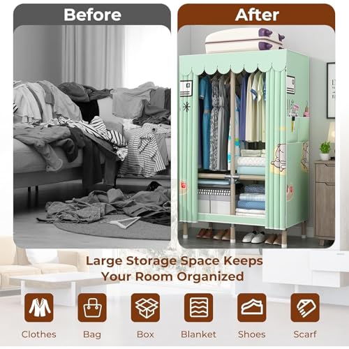 Portable Closets Space Saving Wardrobe - Canvas Wardrobe For Bedroom, Fabric Wardrobe Clothes Storage, Portable Wardrobe With 2 Side Pockets, With Shelves And Hanging Rail, For Bedroom, Living Room(11