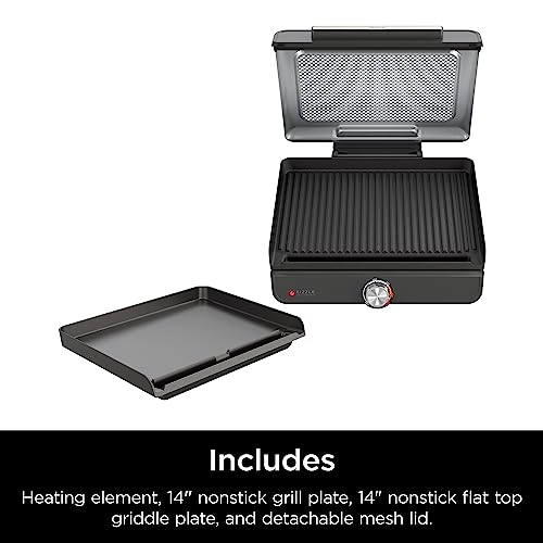 Ninja Griddle and Indoor Grill, 14’’, Electric Grill, For Steak, Burgers, Salmon, Veggies, and More, Pancake Griddle, Nonstick, Dishwasher Safe, 500F, Even Cooking, Silver, GR101