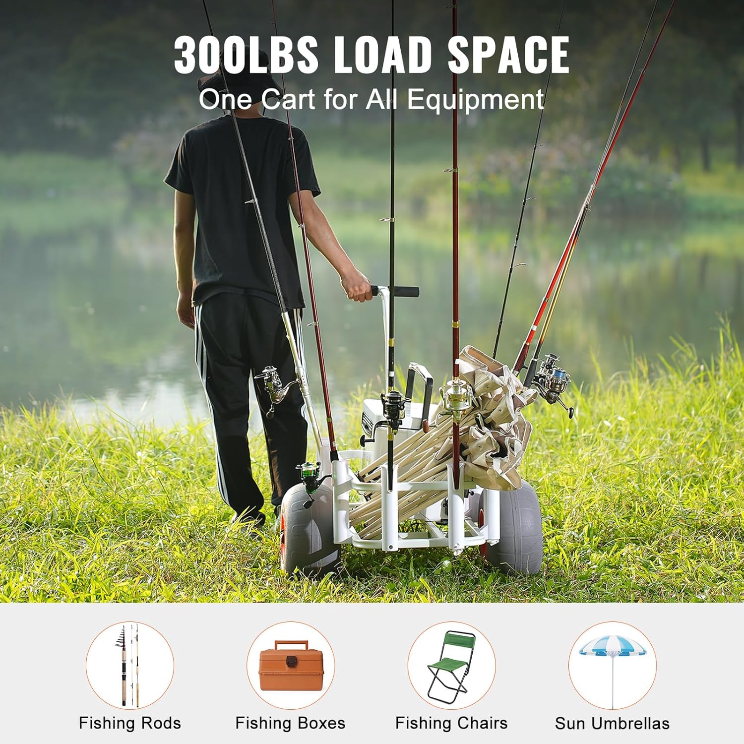 VEVOR Beach Fishing Cart, 300 lbs Load Capacity, Fish and Marine Cart with Two 13" Big Wheels PU Balloon Tires for Sand, Heavy-Duty Aluminum Pier Wagon Trolley with 8 Rod Holders for Fishing, Picnic