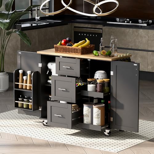 Kitchen Island with Storage and 3 Drawers on Wheels,Rolling Kitchen Cart w/Rubber Wood Top and 2 Slide-Out Shelf,Spice Rack & Tower Rack,Grey Blue