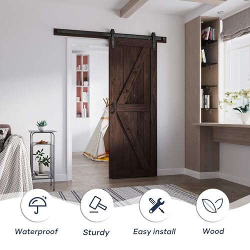 FREDBECK 36in x 84in Brown Barn Door with 6.6ft (79inch) Barn Door Hardware Track Kit and Handle Included, Double Surfaces,Simple Assembly is Required,K-Frame,Coffee