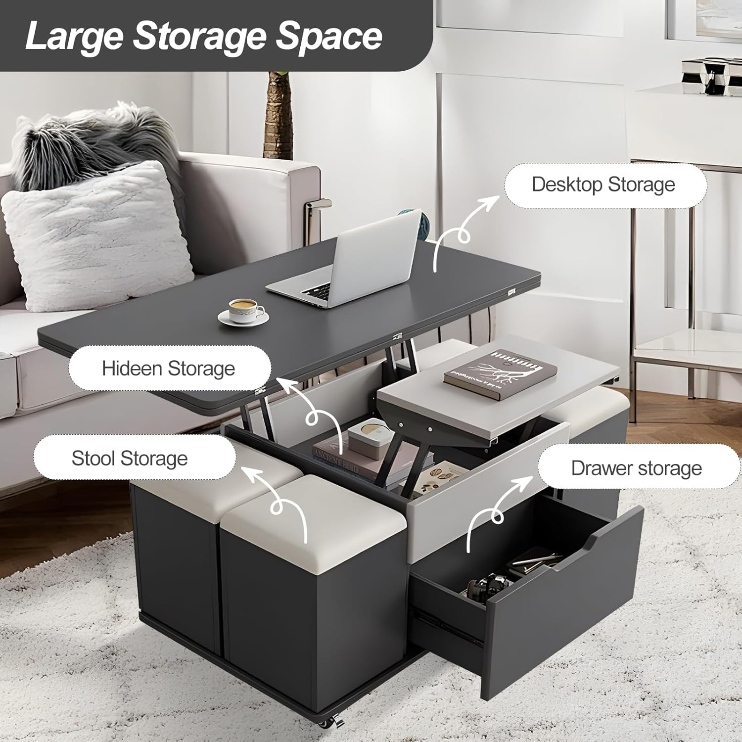 Lift Top Coffee Table,3-in-1 Multi-Functional Center Table, 4 Storage Bench, Height Adjustable Tea Table with Universal Wheel 39.37”Modern Table Dining Table for Living Reception