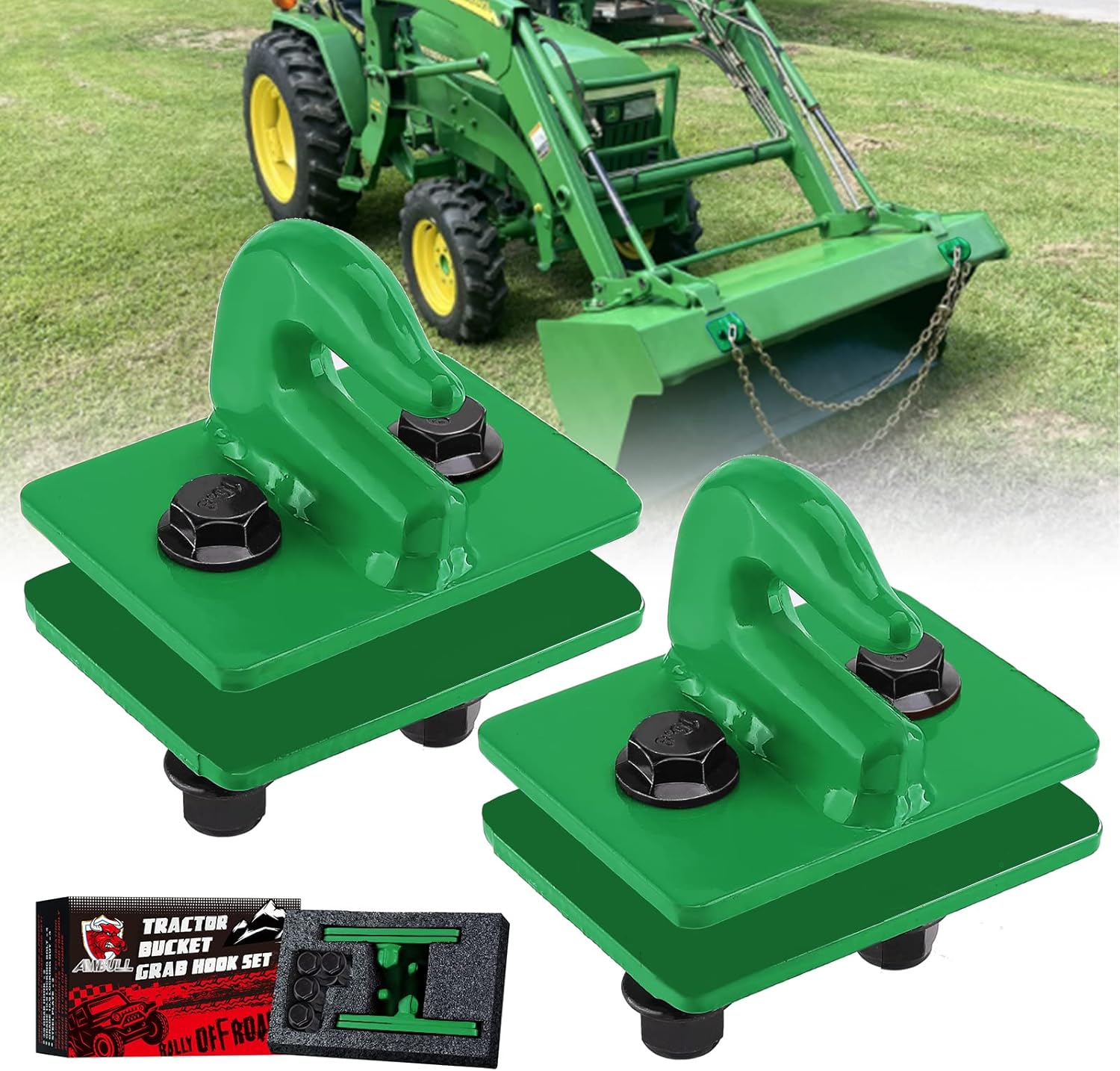 AMBULL 2 Pack 3/8" Tractor Bucket Grab Hook Grade 70 Forged Steel Bolt On Grab Hook Tow Hook Mount with Backer Plate,Work Well for Tractor Bucket, RV, UTV,Truck, Max 15,000 lbs, Dark Green Pack of 2