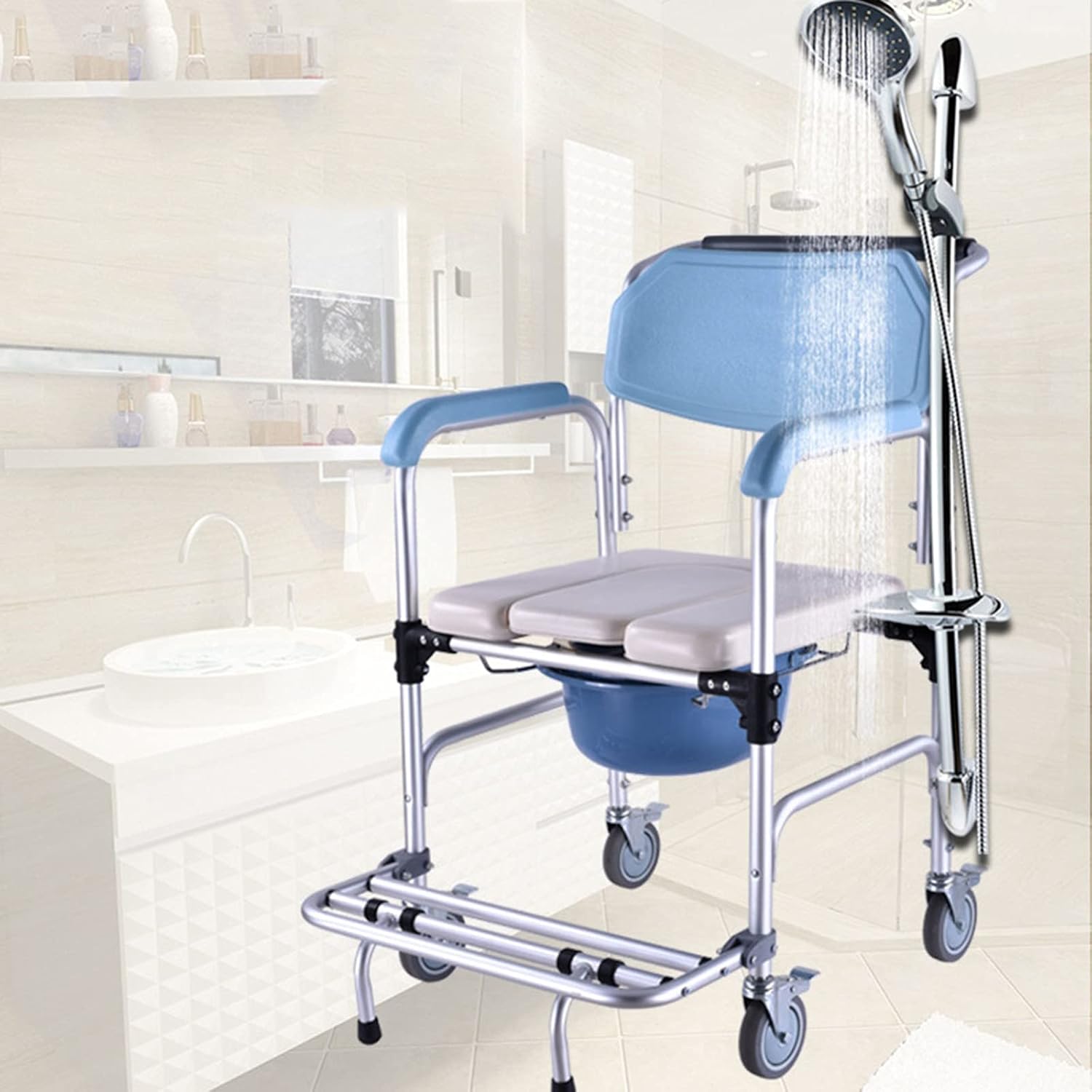 KOHARA Wheelchair, Shower Chair Toilet Bathtub Bedside Commode Seat Chair, Shower Wheelchair Portable Toilet, Bathroom Anti-Slip Bedside Chair, Wheeled Commod with Footrests