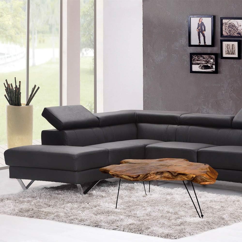 StyleCraft Badang Carving Natural Wood Edge Teak Contemporary Coffee Cocktail Table with Clear Lacquer Finish and Metal Hairpin Legs for Living Room