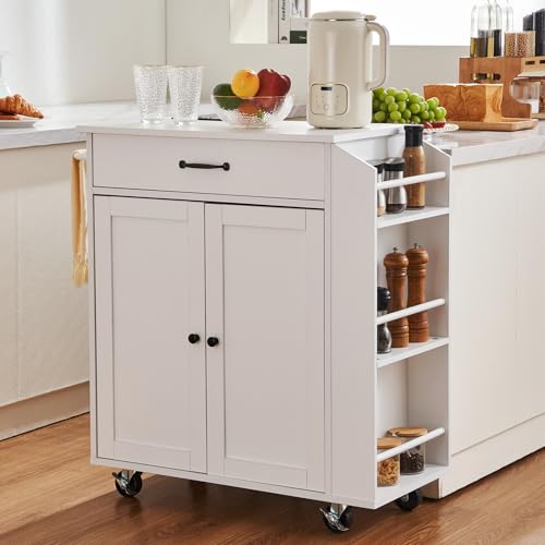VEVOR Kitchen Island Cart with Solid Wood Top, 35.4" Width Mobile Carts with Storage Cabinet, Rolling Kitchen Table with Spice Rack, Towel Rack, and Drawer, Portable Islands on Wheels, White