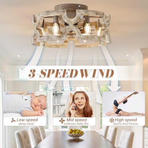 Fandelier Ceiling Fan with Light, Farmhouse Ceiling Fans Lights Caged 18 in Rustic Boho Wood Chandelier Fan Fixtures Vintage Bladeless Ceiling Fan Remote Dining Room 6xE12 Base (White-1)