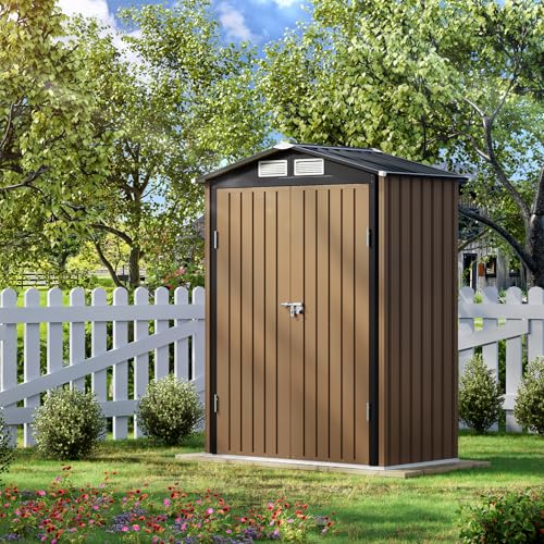 10X12X7.5 FT Outdoor Steel Storage Shed with Lockable Doors, 2 Windows, Transparent Roof Panels (Wood Panels & Frame Floor Not Included), Ideal for Patio Storage,Garbage Can, Chicken Coop，Brown