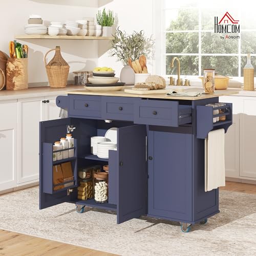 HOMCOM Rolling Kitchen Island with Power Outlet and Drop Leaf, 53" Island Table with Wood Top, 3 Drawers, Adjustable Shelf, Spice & Towel Rack, Kitchen Cart on Wheels, White