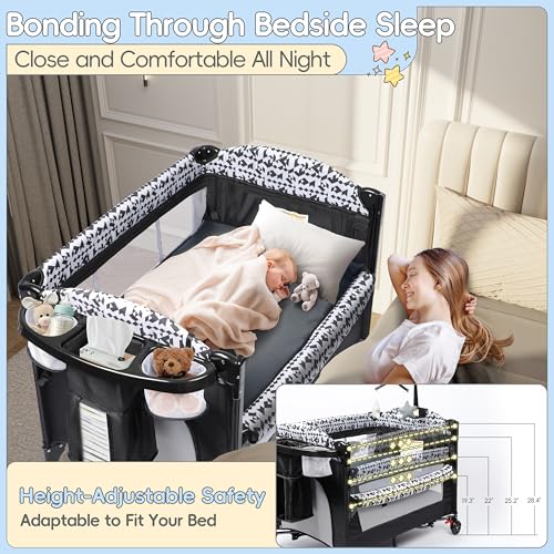 Xilingol 5-in-1 Pack and Play, Baby Bassinet Bedside Sleeper with Diaper Changer, Storage Bag & Music Box, Portable Baby Crib with Carry Bag, Foldable Playard with Bassinet for Newborn to Toddlers
