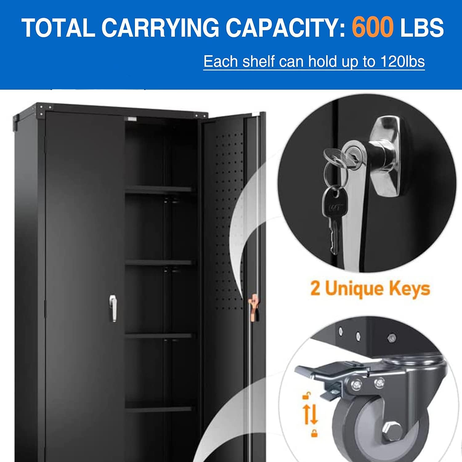 Metal Storage Cabinet with 2 Locking Doors and 4 Adjustable Shelves,Garage Storage Cabinets with Pegboard &Wheels,72" Steel Storage Cabinet for Home,Office Assembly Required (Black)