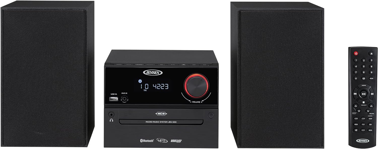 Jensen Professional JBS-500 Modern Bluetooth Wireless Stereo Music System Home CD Player, MP3 USB, Audio in, Headphone Jack, FM Radio, 30W - (Jet Black)