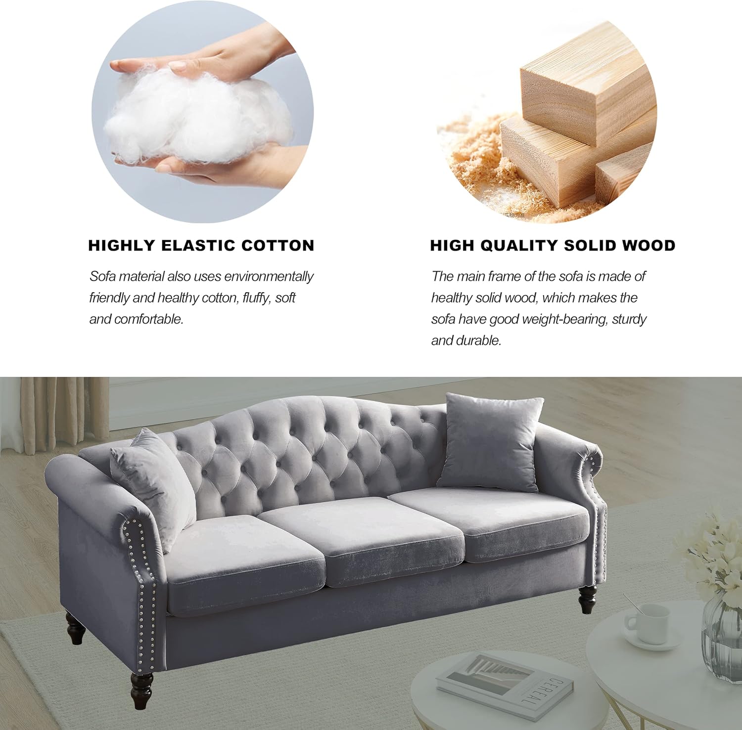 79" Chesterfield Sofa Grey Velvet for Living Room, 3 Seater Sofa Tufted Couch with Rolled Arms and Nailhead for Living Room, Bedroom, Office, Apartment, 2 pillowsW834S00012