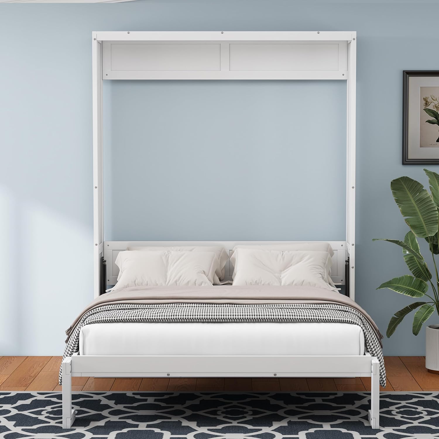 Murphy Bed Frame Full Size, Wall Beds with A Storage Shelf, Wood Folding Cabinet Bed with Desk for Home Office Studio, White