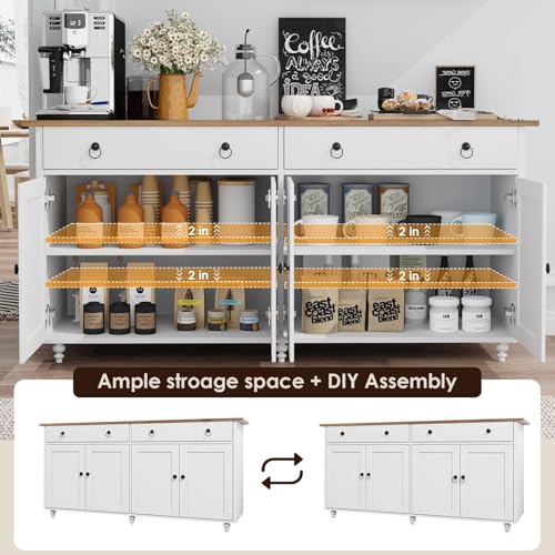 4 EVER WINNER Buffet Cabinet with Storage, 55" Sideboard Buffet Cabinet with 2 Drawers and 4 Doors, Modern Farmhouse Coffee Bar Cabinets, Wood Buffet Table for Kitchen, Dining Room, White