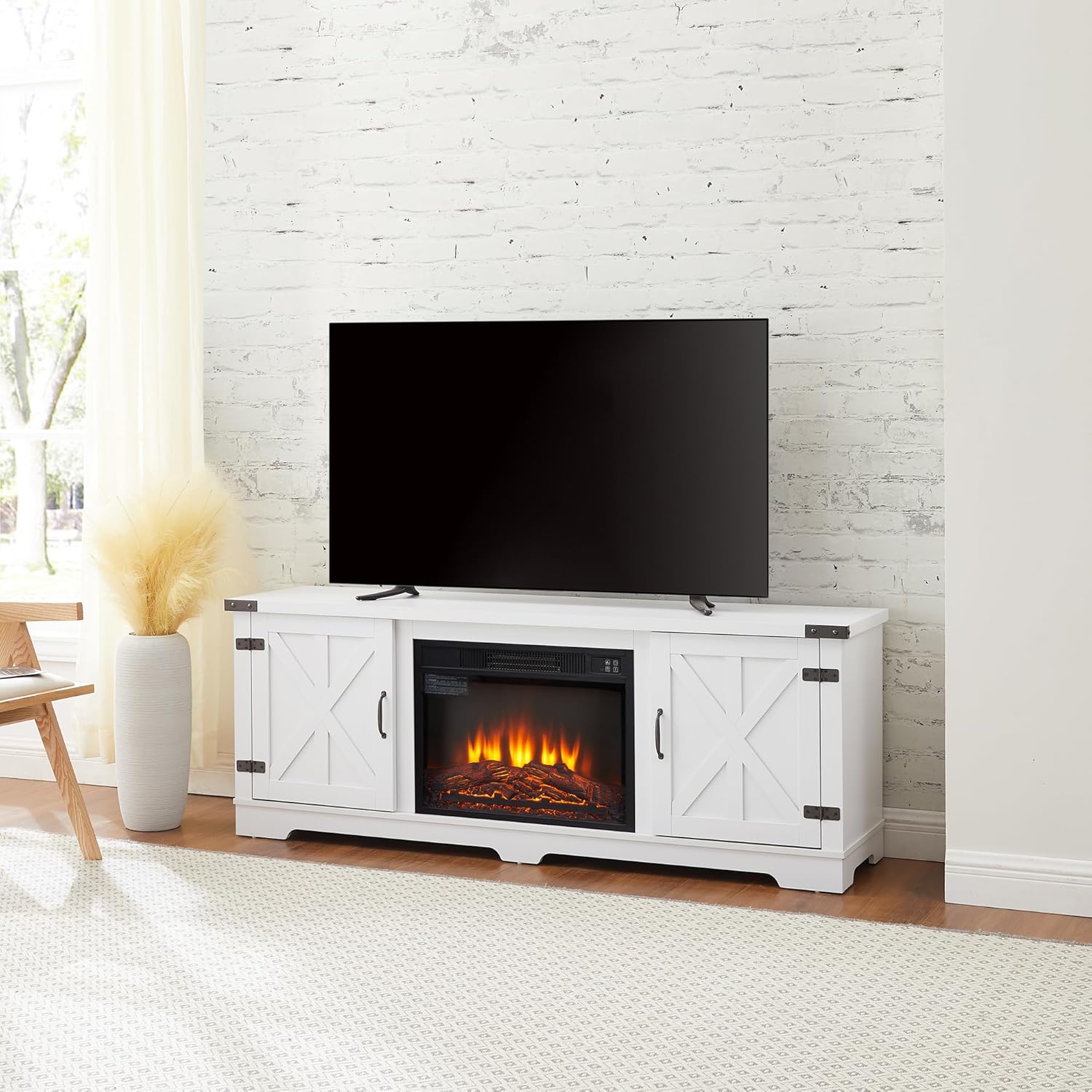 Modern Farmhouse TV Media Stand, Large Barn Inspired Home Entertainment Console, with 23" Fireplace Insert, for TV Up to 70", with Open Shelves and Closed Cabinets, White, 64.8" W*15.67" D*24.29" H