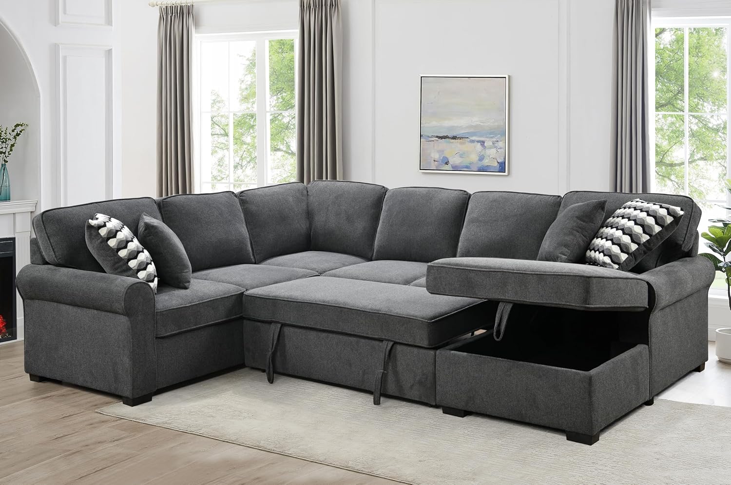 Ball & Cast 117" Sofa Bed with Storage Chaise,U Shaped Corner Convertible Sleeper Sectional Couch W/ 4 Throw Pillows & Removable Backrest Cushions,for Living Room,Apartment,Dark Gray