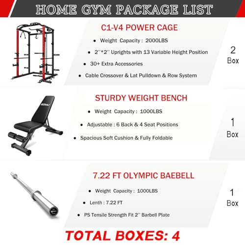 C1-V4 Power Cage, 2000LBS Squat Rack with LAT Pulldown, Multi-Function Weight Cage Strength Training Machine, Workout Cage with More Attachments for Home Gym Garage