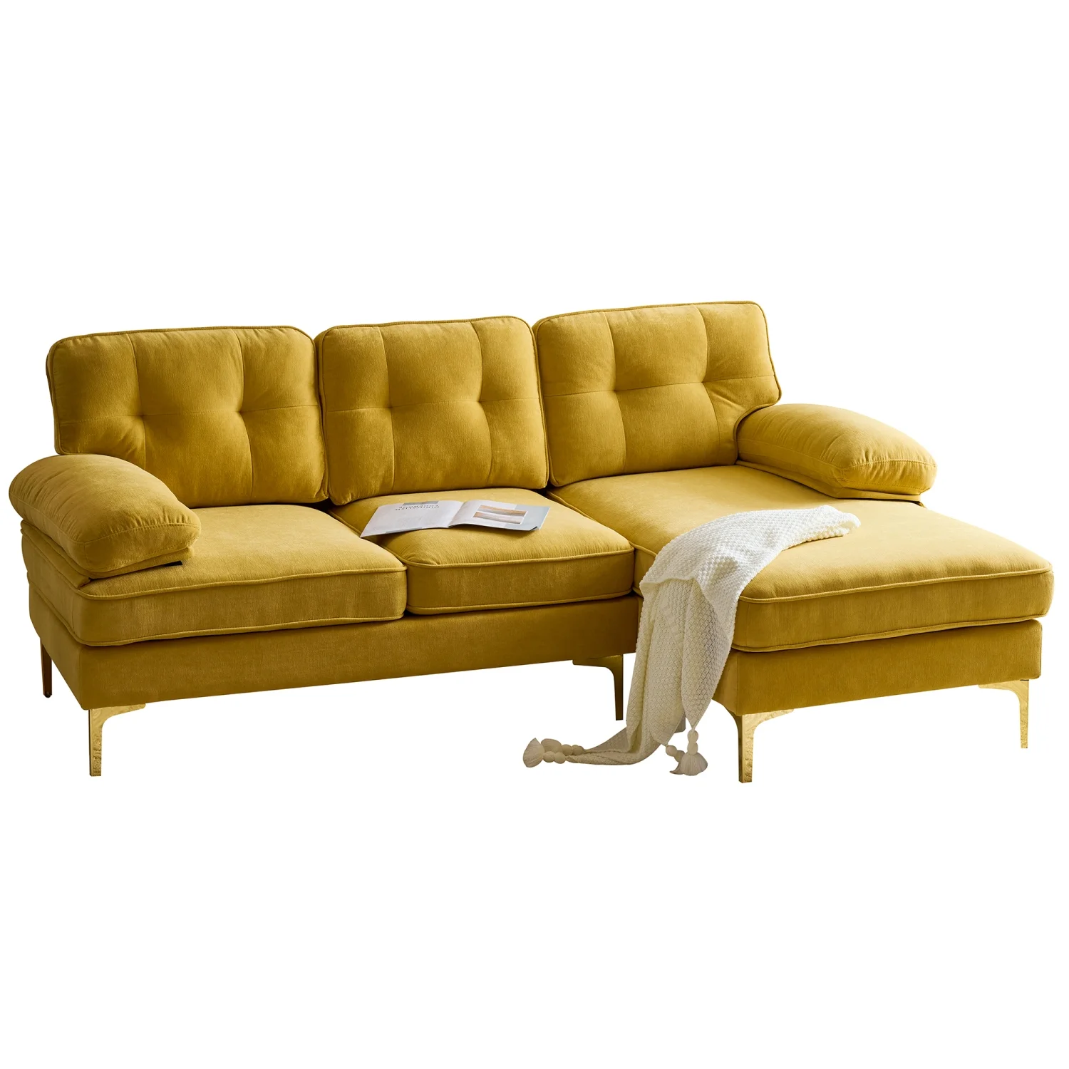 Churanty Modern 3 Seater Sectional Sofa with Chaise,Velvet L Shape Sofa Couch with Gold Legs for Living Room Bedroom,Yellow