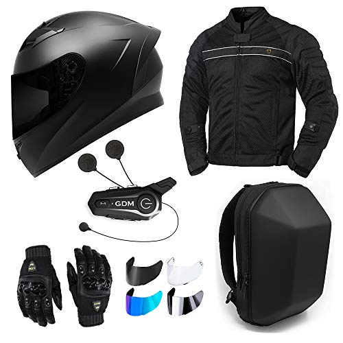 GDM Motorcycle Protective Gear Bundle (Premium Connect) - Helmet, Jacket, Gloves, Shields, backpack, Bluetooth Intercom (Large)