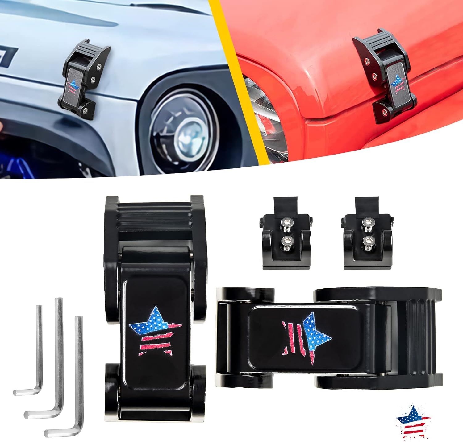 Buling TJ Hood Latches Improved Design Aluminum Hood Catch Latch Kits Compatible with Jeep Wrangler TJ 1997-2006 (Texture Black US Flag)