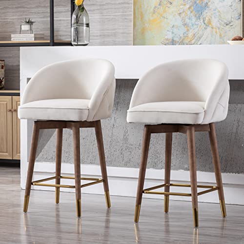 Guyou 26” Swivel Velvet Counter Stools Set of 2, Upholstered Counter Height Bar Stools with Tufted Back Kitchen Island High Chairs with Wood Legs and Gold Footrest for Pub Home Bar Dining Room (Black)