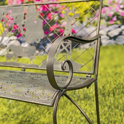 Classic Iron Garden Bench with Nature Scenery (Blooming Tree Backrest in Green)