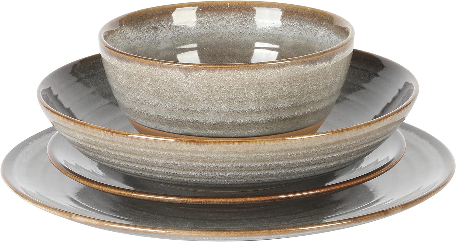 16 Piece Double Bowl Dinnerware Set: Double Your Dining Delight Stoneware Matte Gray Service for 4 Dessert plates