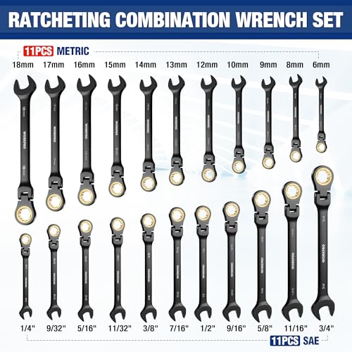 WORKPRO 22-piece Ratcheting Wrench Set with 180° Flex Head, Anti-Slip Tooth, Combination Wrench Sets with Organizer Box, Metric 6-18mm & SAE 1/4-3/4", Black Electrophoretic Coating